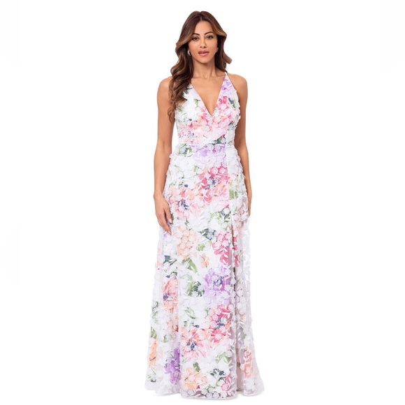 Xscape 3D-Appliqué Floral-Print Gown Size 4 White Pink Formal Evening Dress - Picture 1 of 15